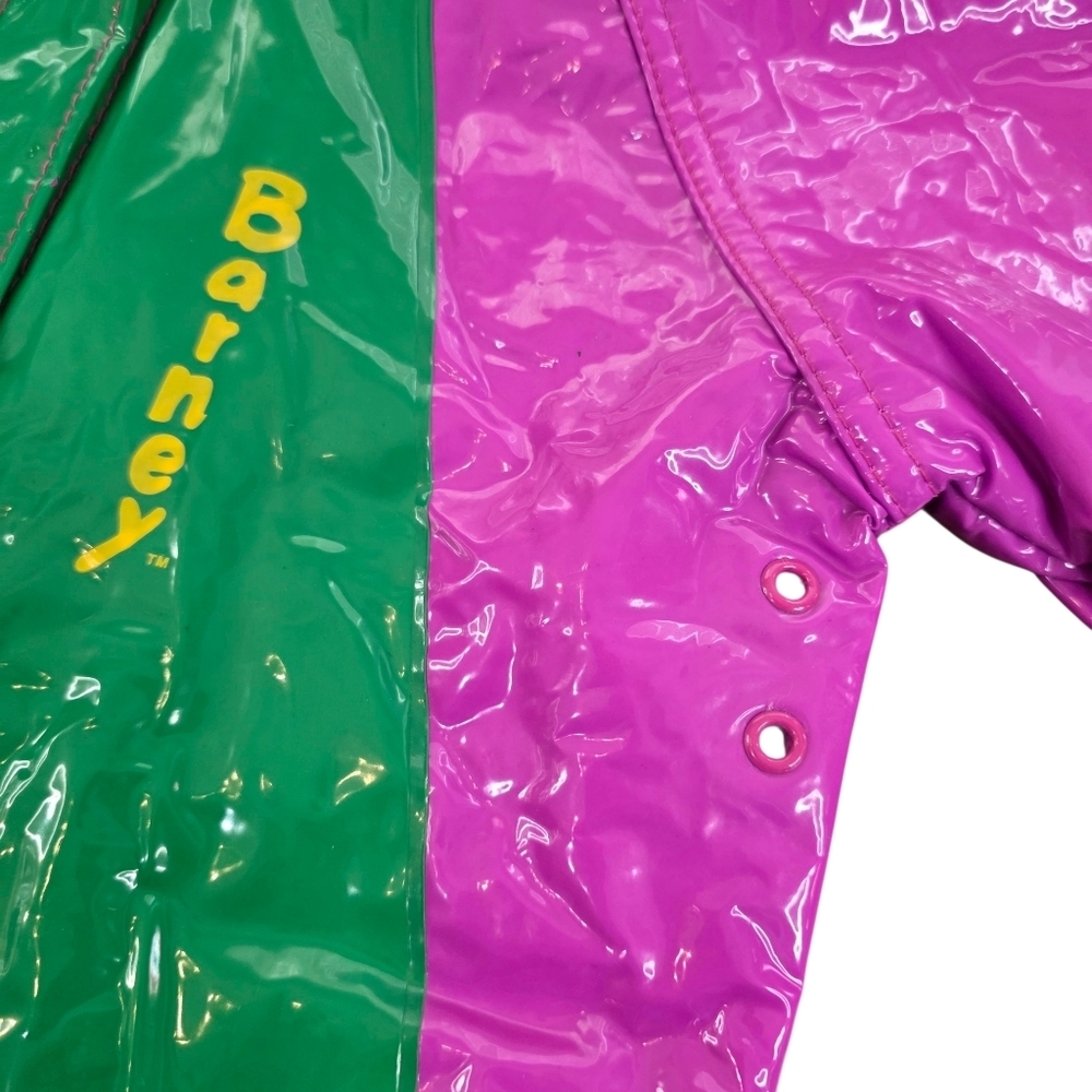 Vintage 90s Barney Dinosaur Kids Raincoat Hooded Purple PVC Jacket Costume - Picture 2 of 16